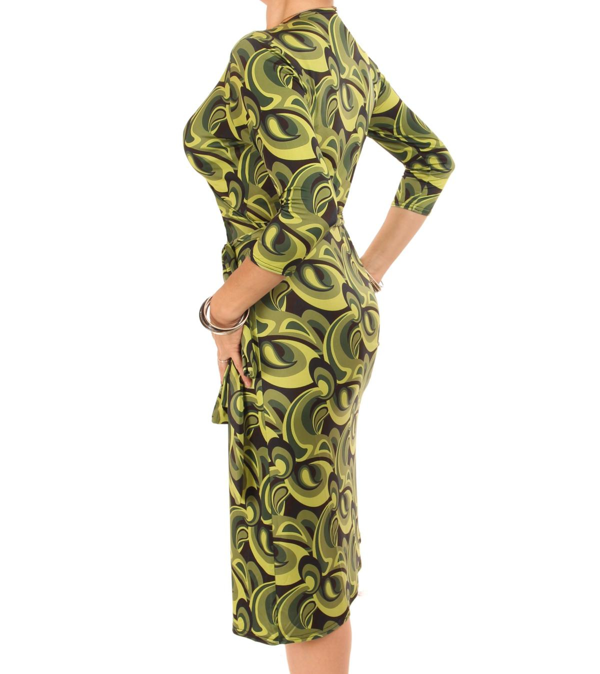Green Retro Print Wrap Dress
