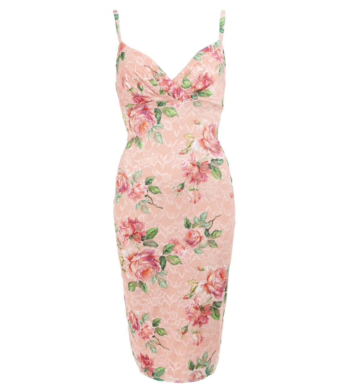 Peach Floral Lace Strappy Dress