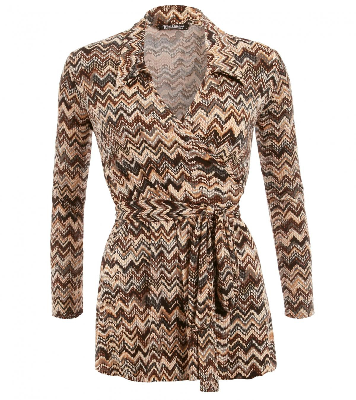 Brown Zig Zag Print Wrap Top