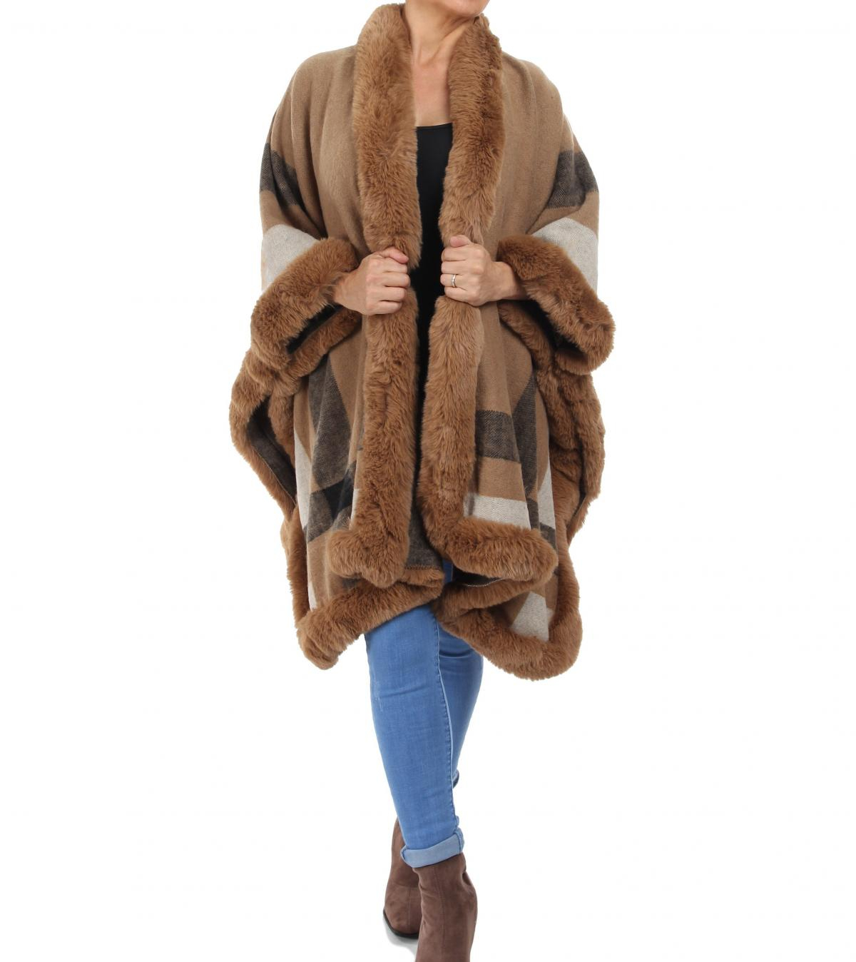 Camel Faux Fur Trim Cape