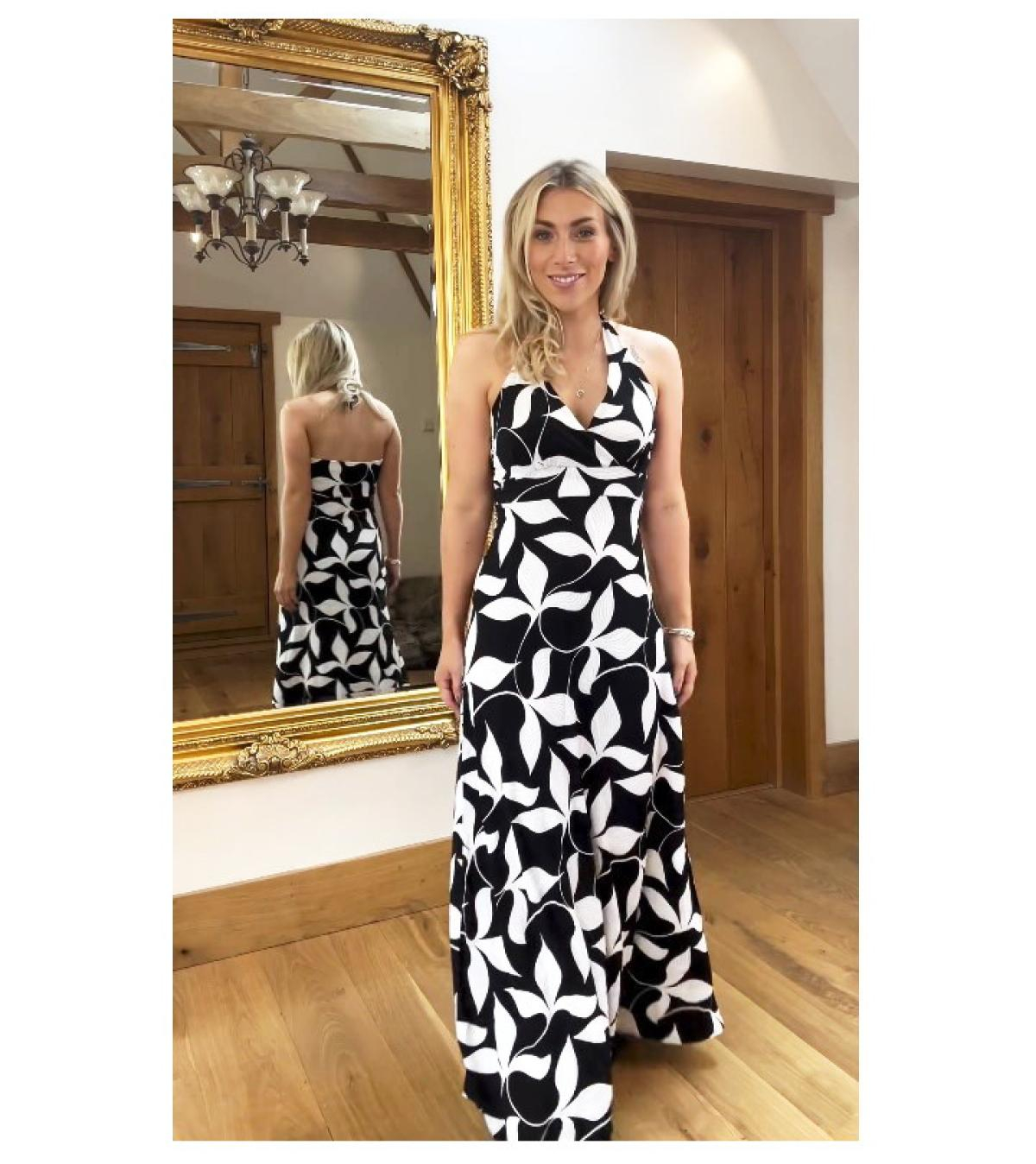 Black and Ivory Leaf Print Maxi Dress