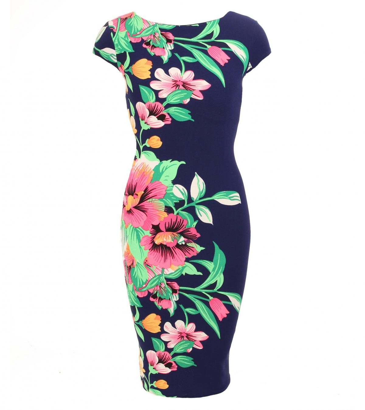 Navy Blue and Pink Floral Pencil Dress