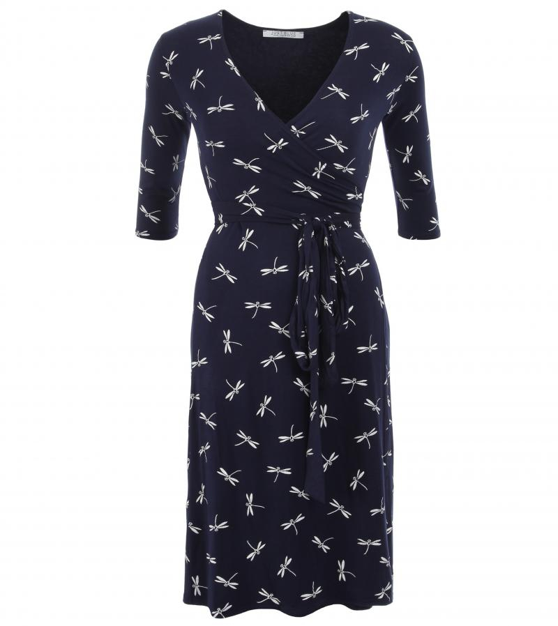Navy Blue Dragonfly Print Wrap Dress