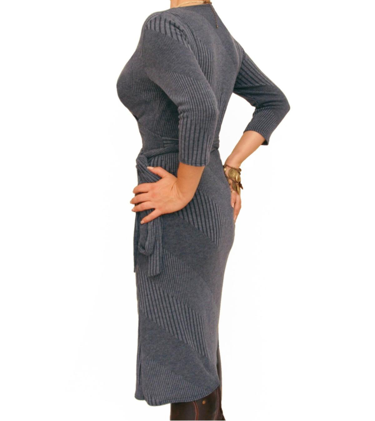 Grey Ribbed Knitted Wrap Dress