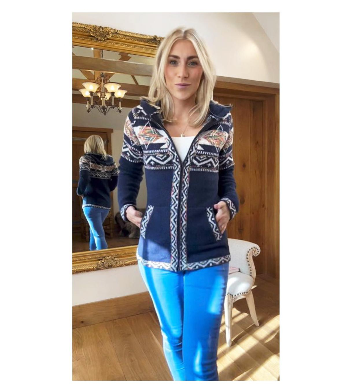 Navy Blue Aztec Zip up Hooded Cardigan