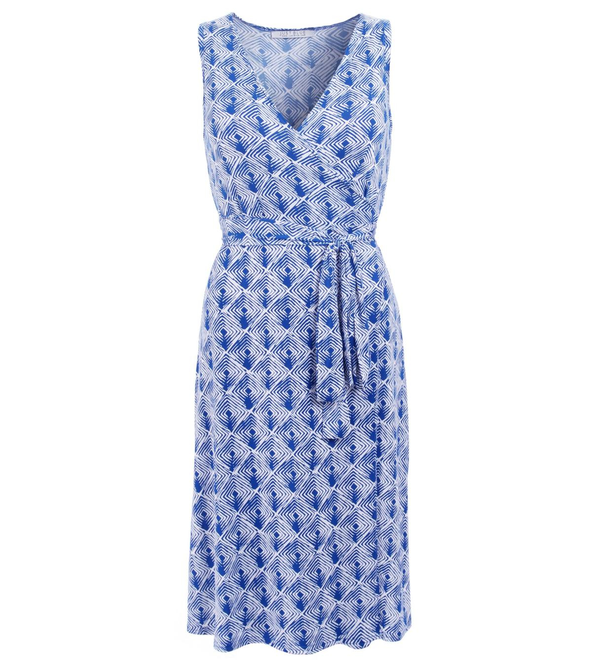 Blue and White Graphic Print Sleeveless Wrap Dress