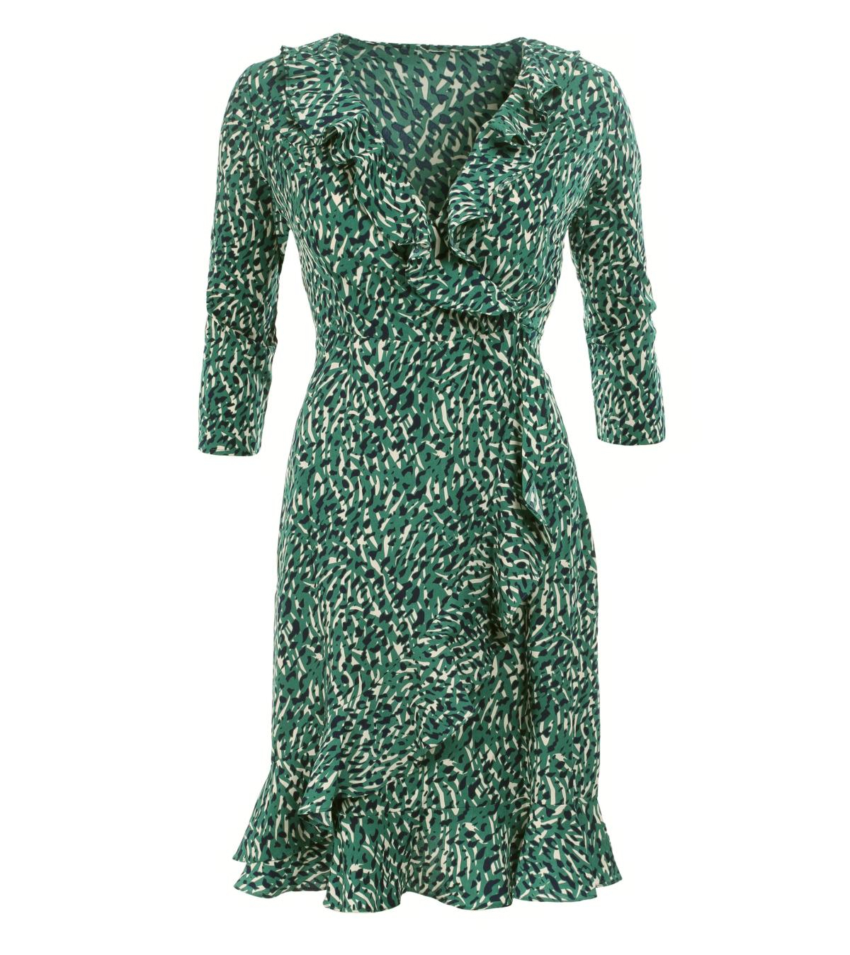 Green Print Ruffled Mock Wrap Dress