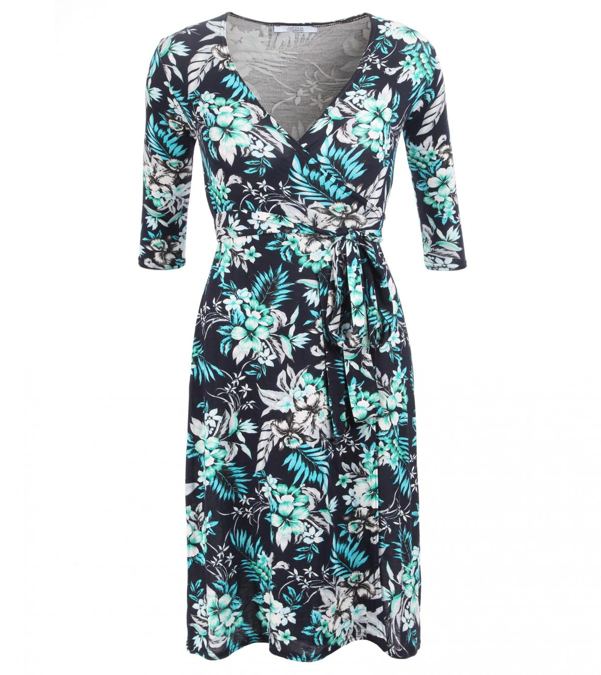 Navy Blue and Turquoise Floral Wrap Dress