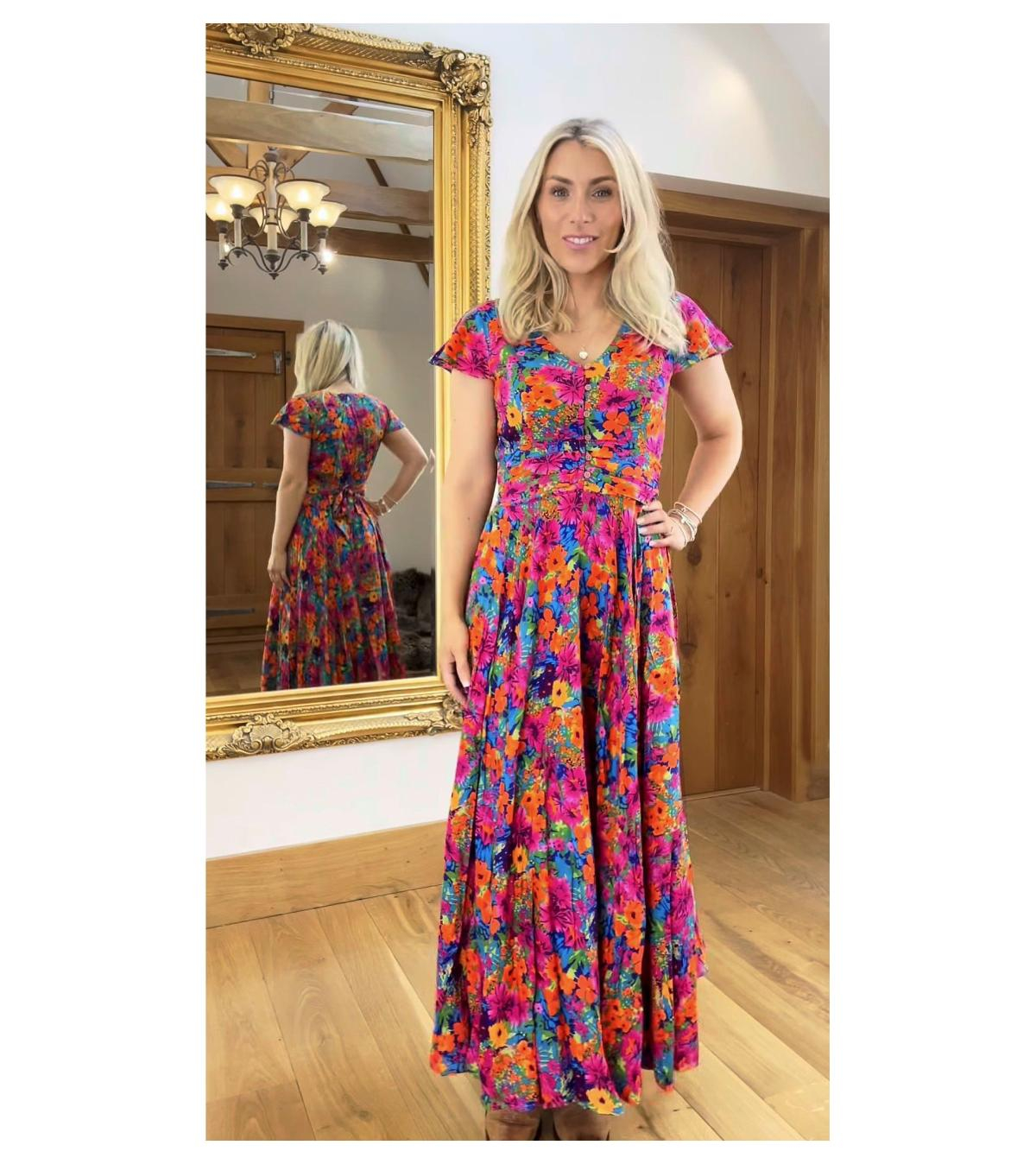 Vibrant Multi Print Button Detail Maxi Dress