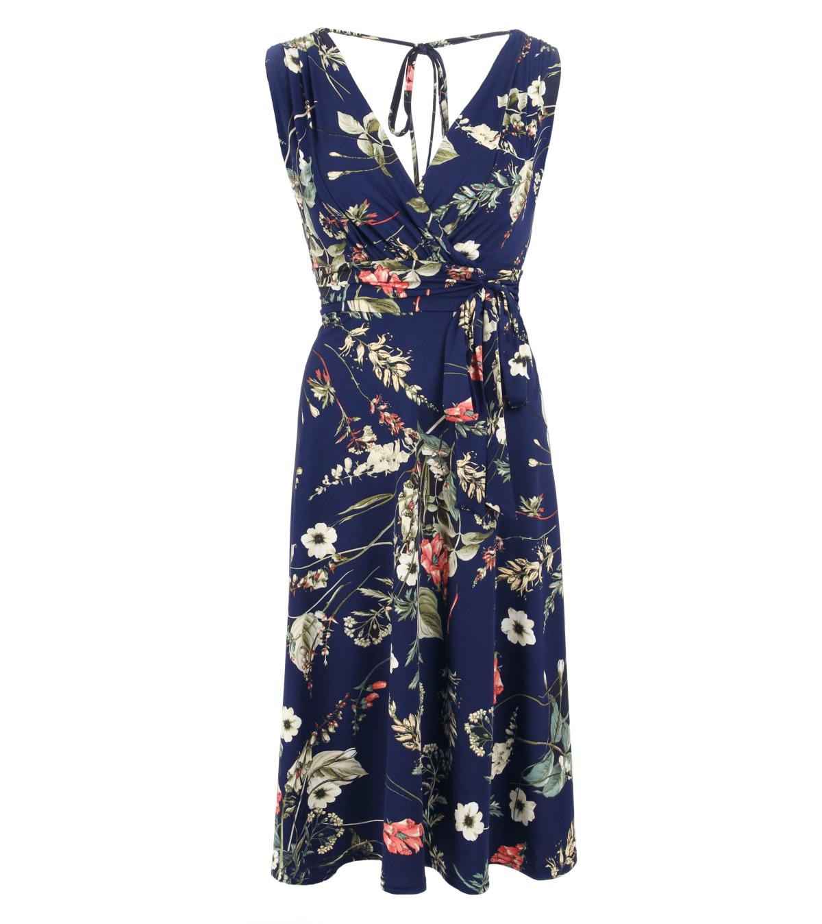 Navy Blue Floral V Neck Fit and Flare Dress