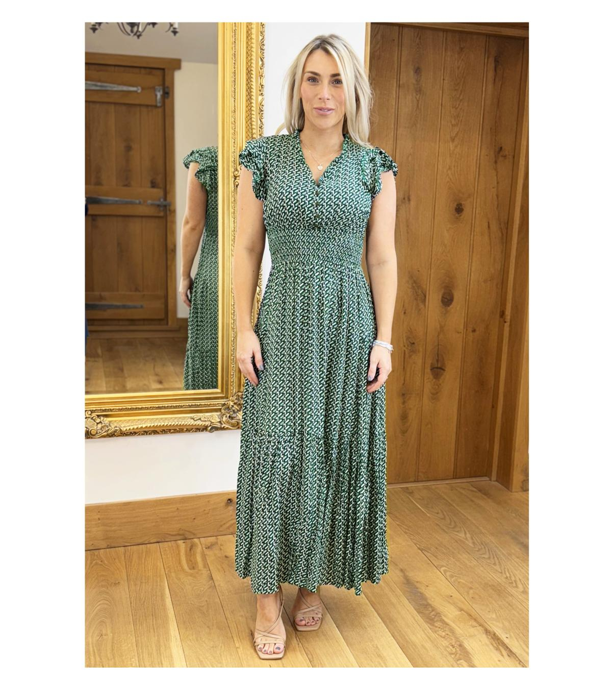 Green Geometric Print Button Detail Maxi Dress