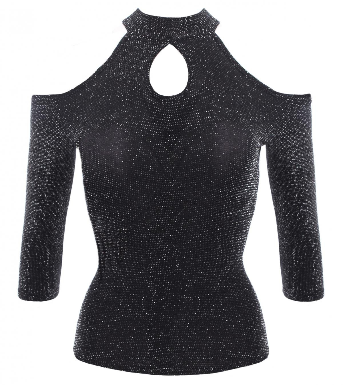 Black and Silver Sparkly Cold Shoulder Choker Top