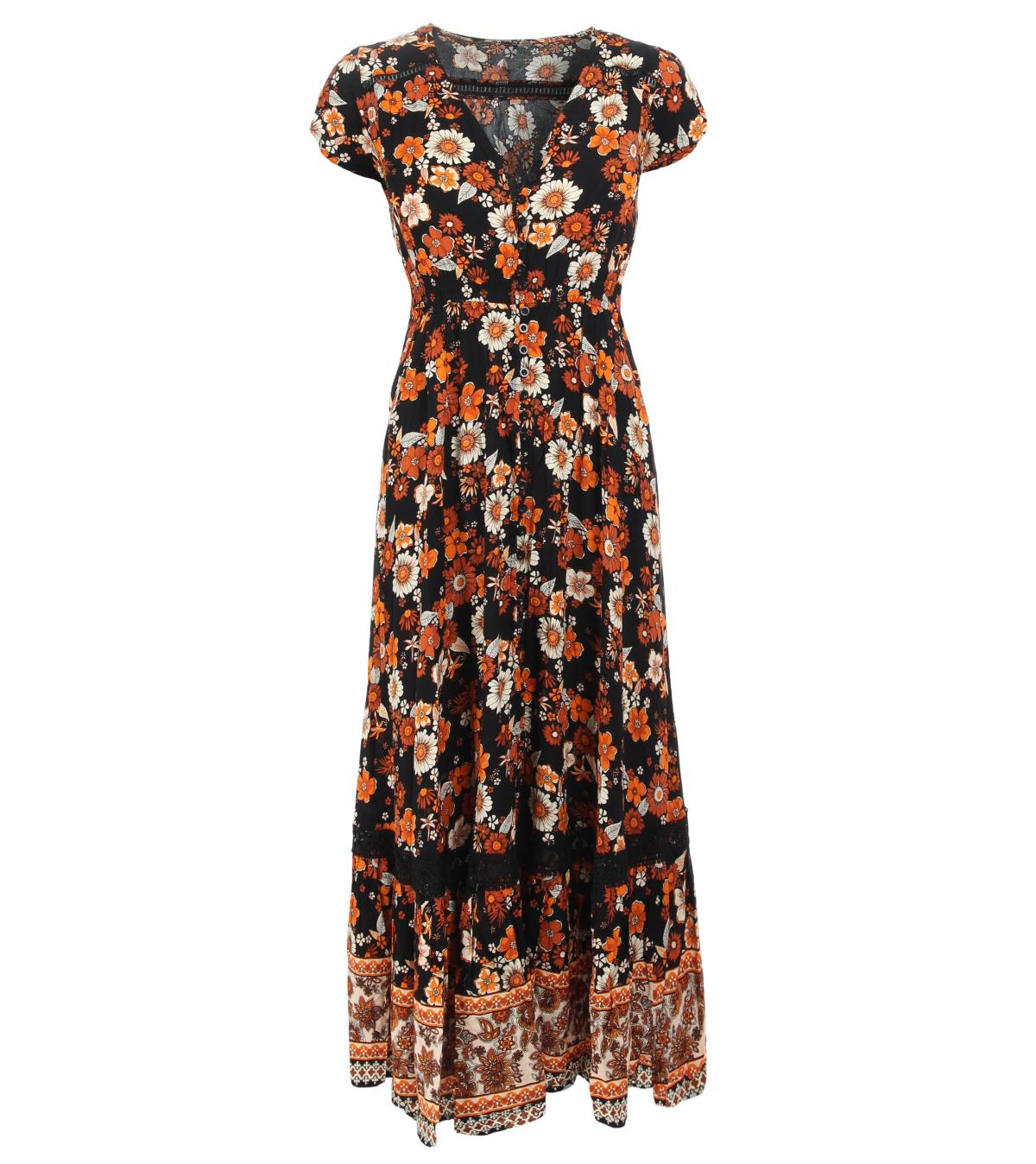 Orange Border Print Button Through Maxi Dress