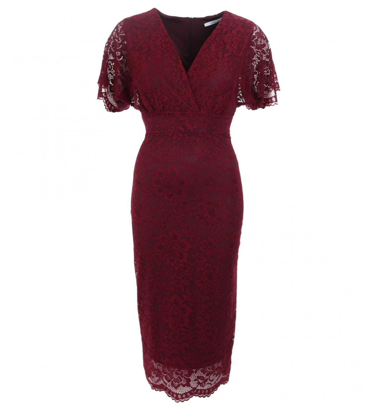 Wine Flutter Sleeve Lace Pencil Dress