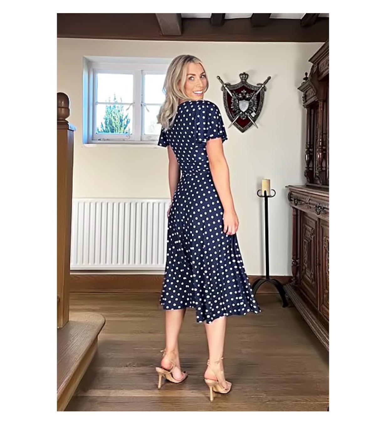 Navy Blue Spot Print Fit and Flare Flutter Sleeve Dress