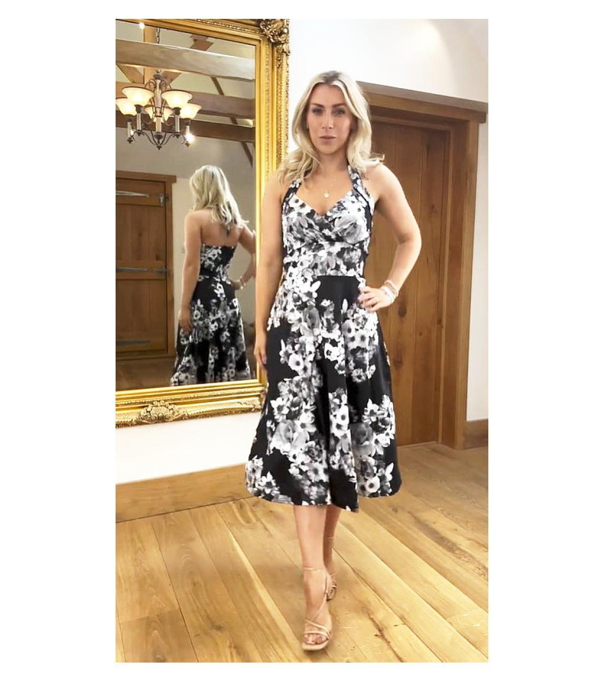 Black and White Floral Halter Neck Dress