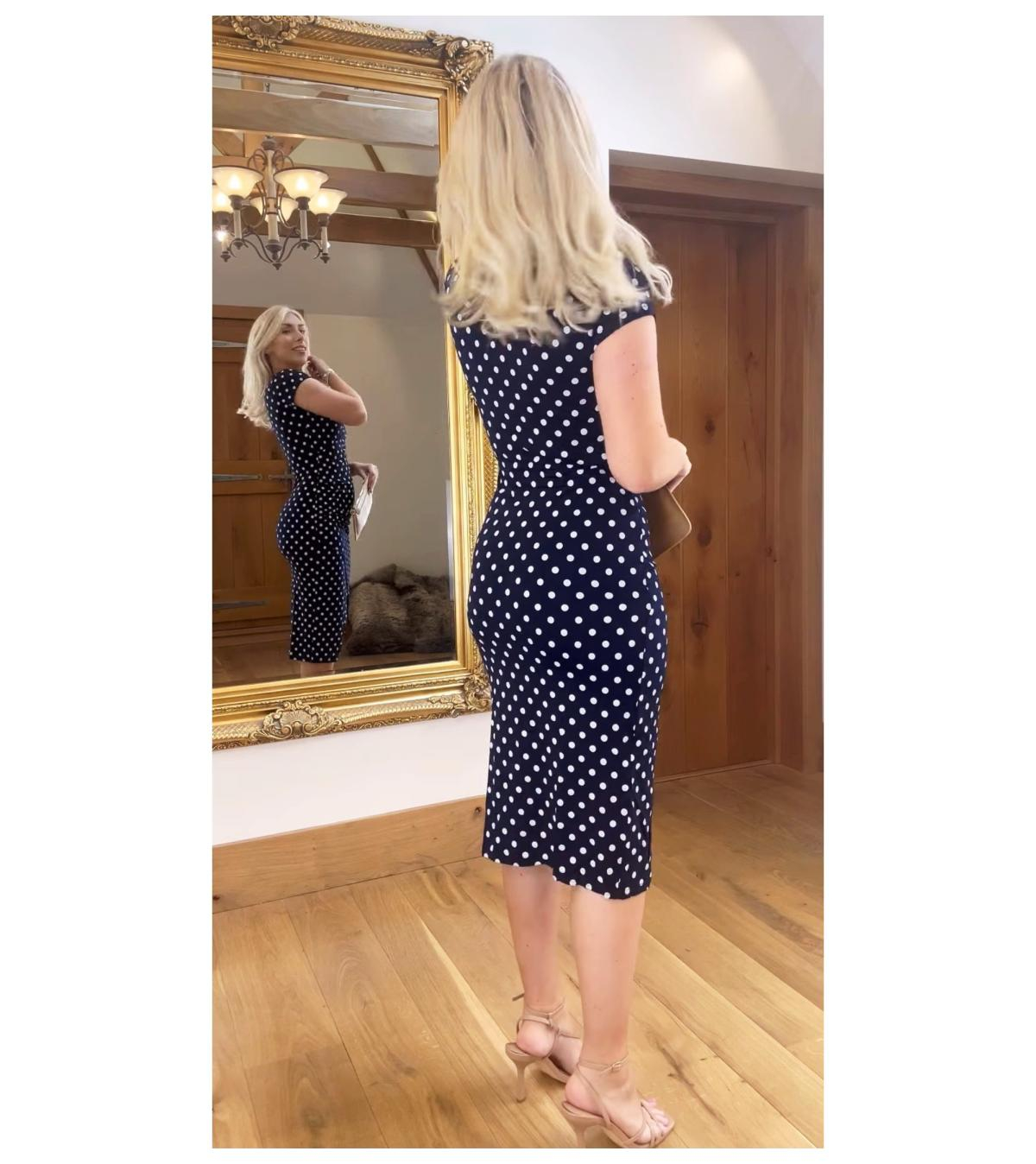 Navy Blue Spot Print Mock Wrap Dress