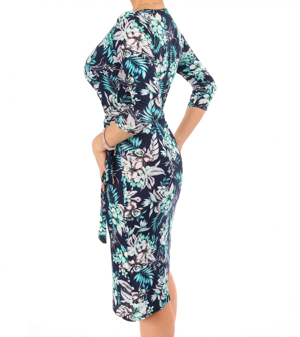 Navy Blue and Turquoise Floral Wrap Dress