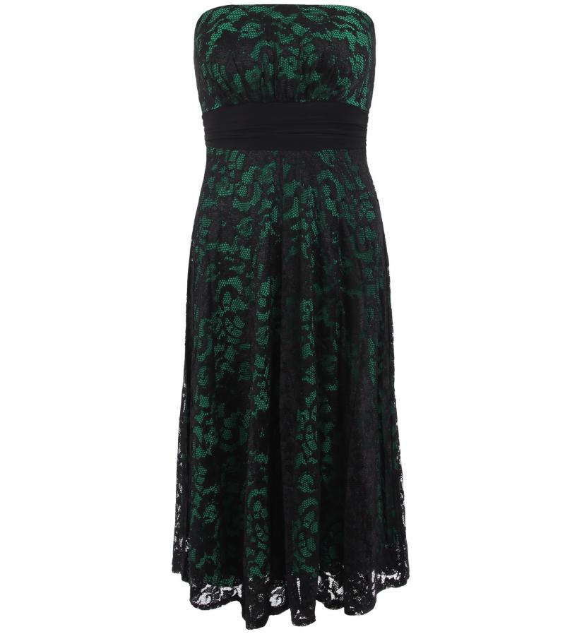 Green and Black Lace Strapless Dress
