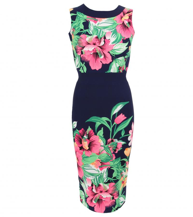 Navy Blue and Pink Floral Shift Dress