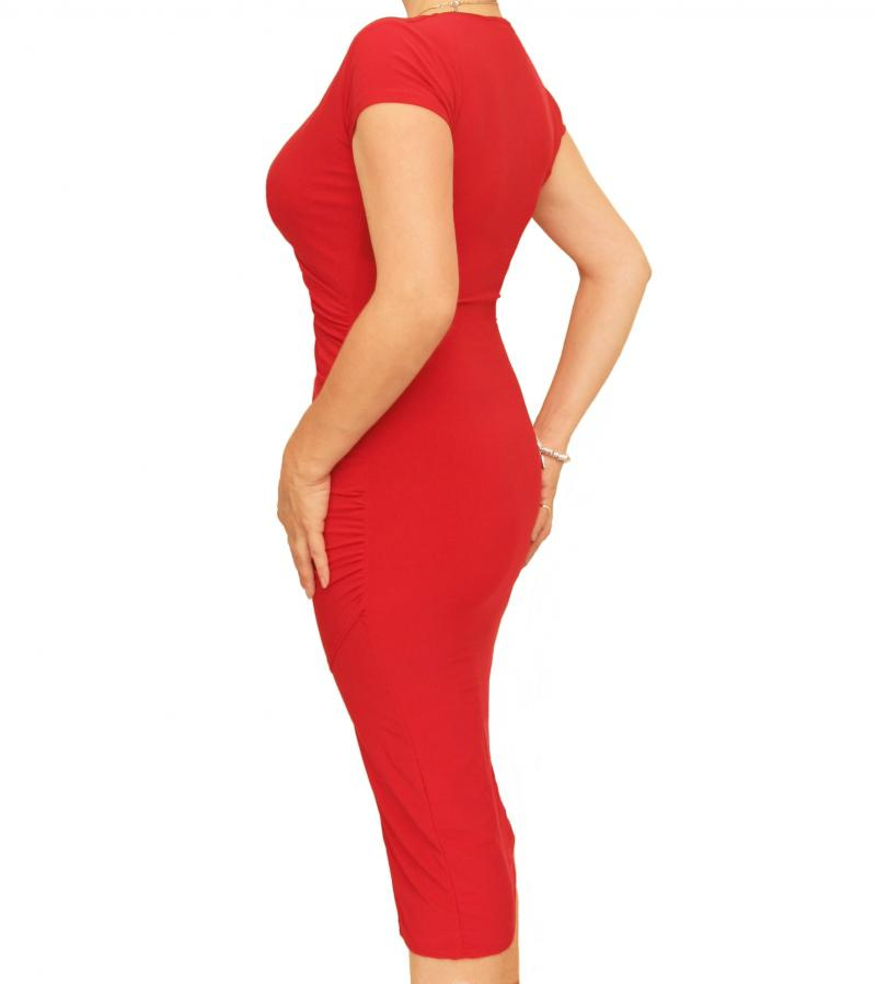 Red Ruched Mock Wrap Dress