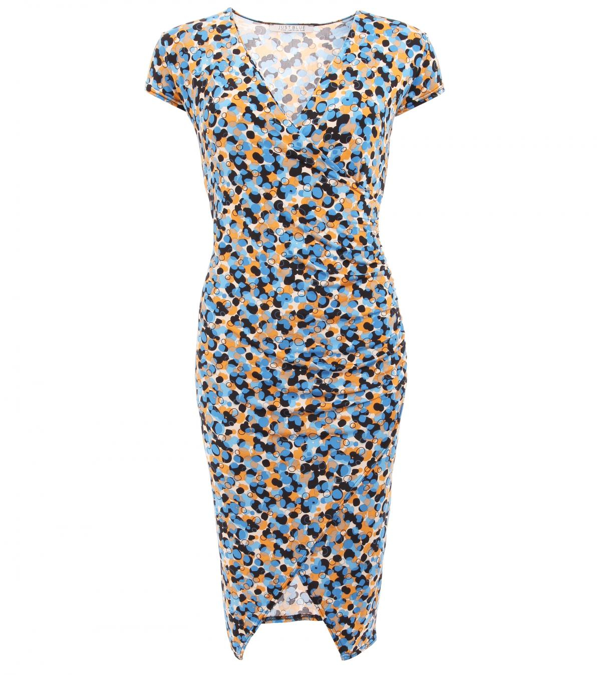 Blue Spotty Print Ruched Mock Wrap Dress