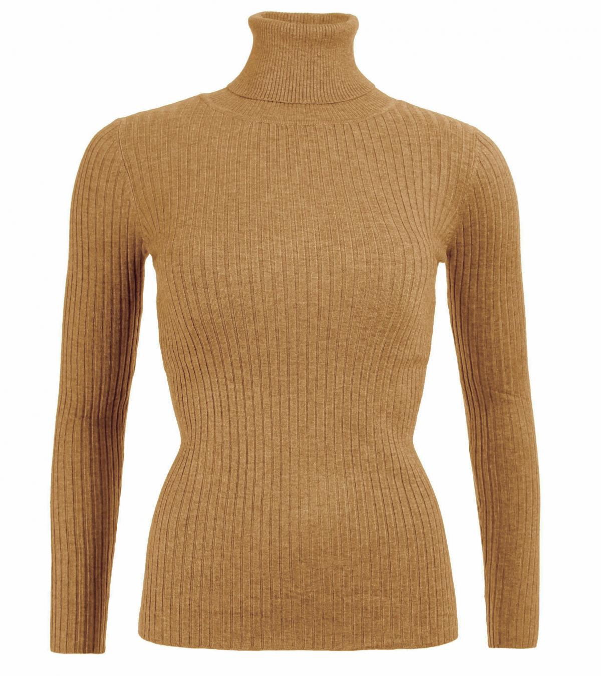 Camel Ribbed Polo Neck Clingy Jumper