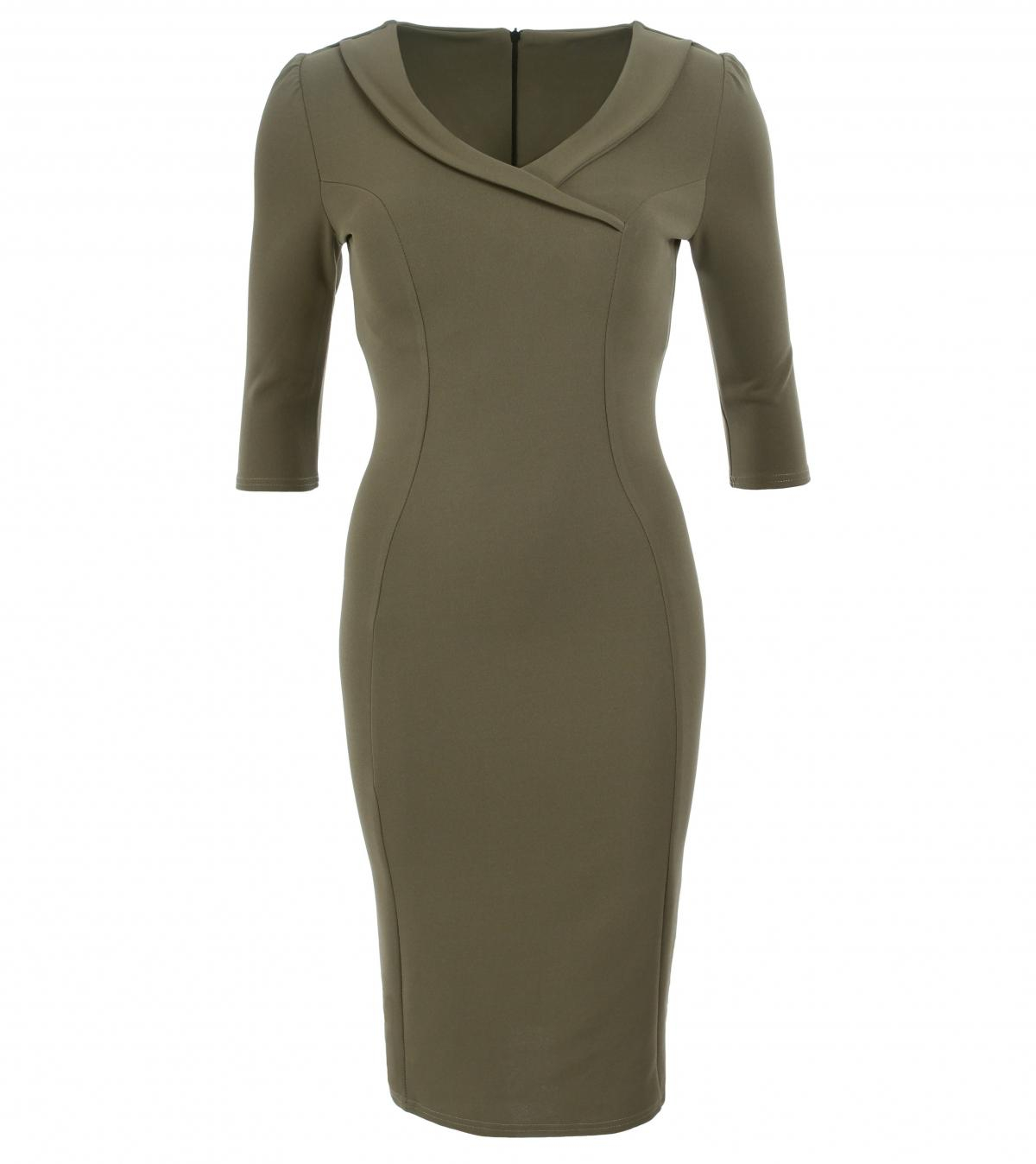 Khaki Collar Detail Pencil Midi Dress