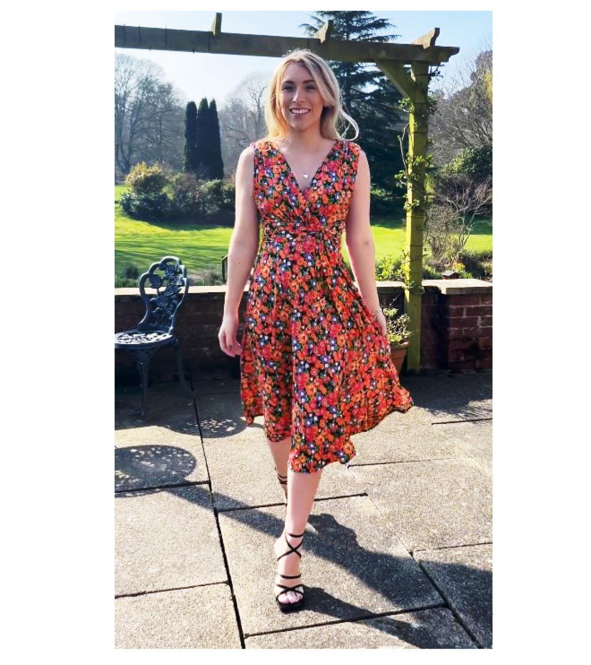 Orange Ditsy Print V Neck Fit and Flare Dress