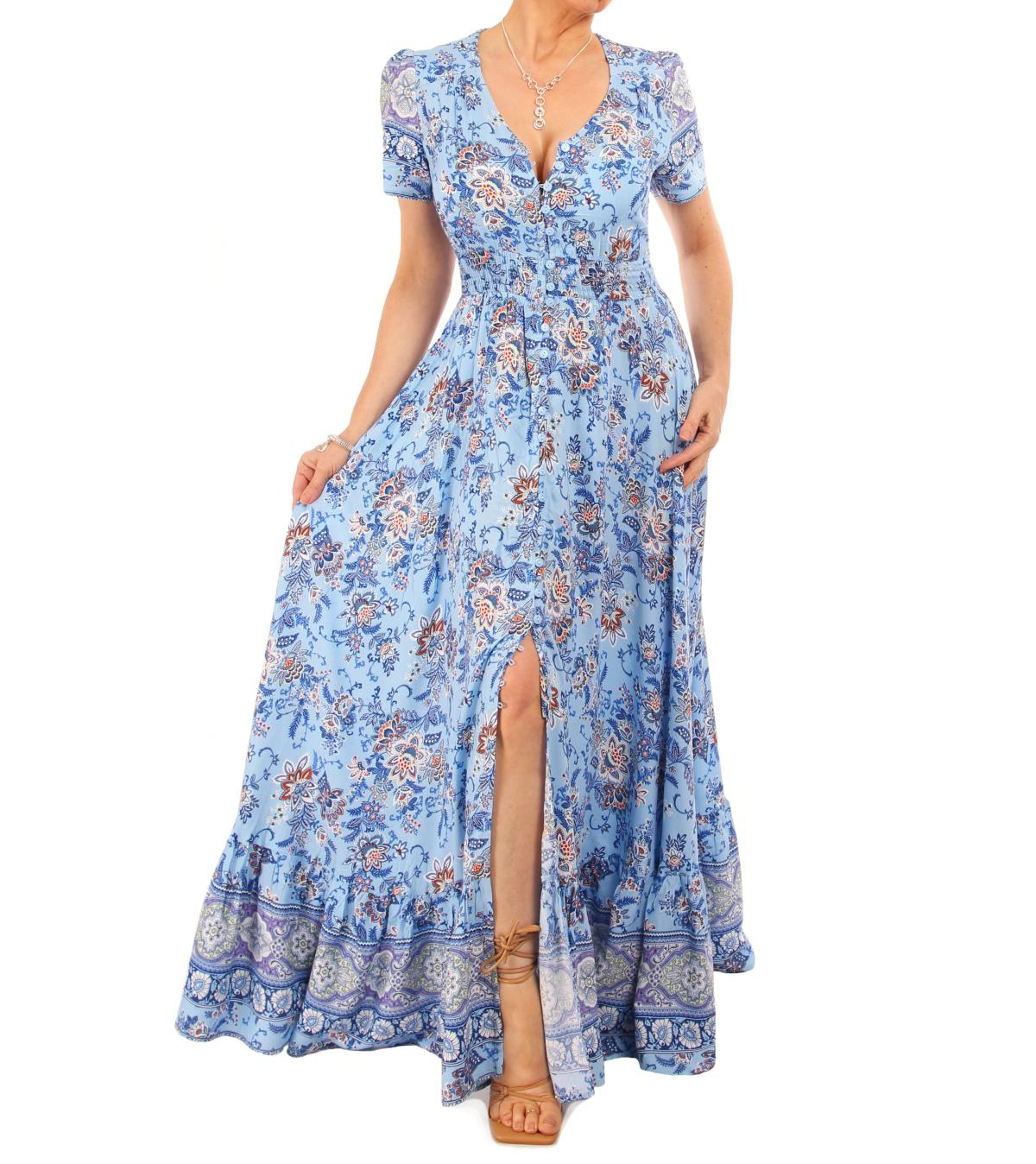 Blue Paisley Print Button Through Maxi Dress