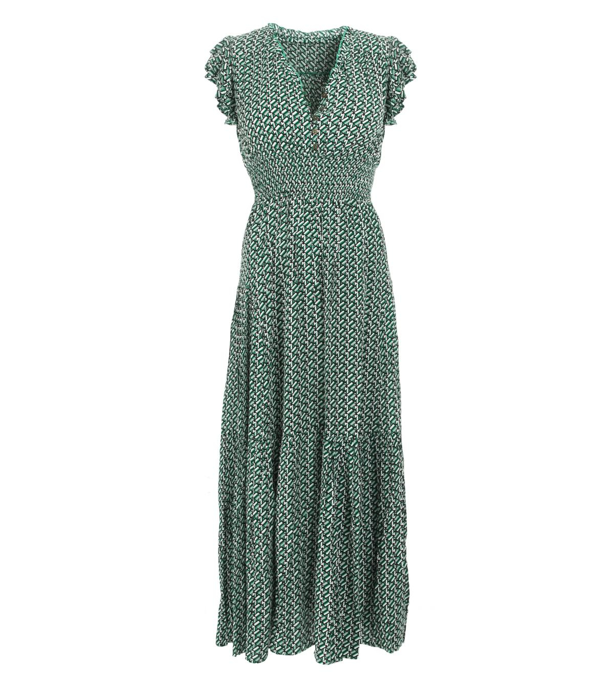 Green Geometric Print Button Detail Maxi Dress