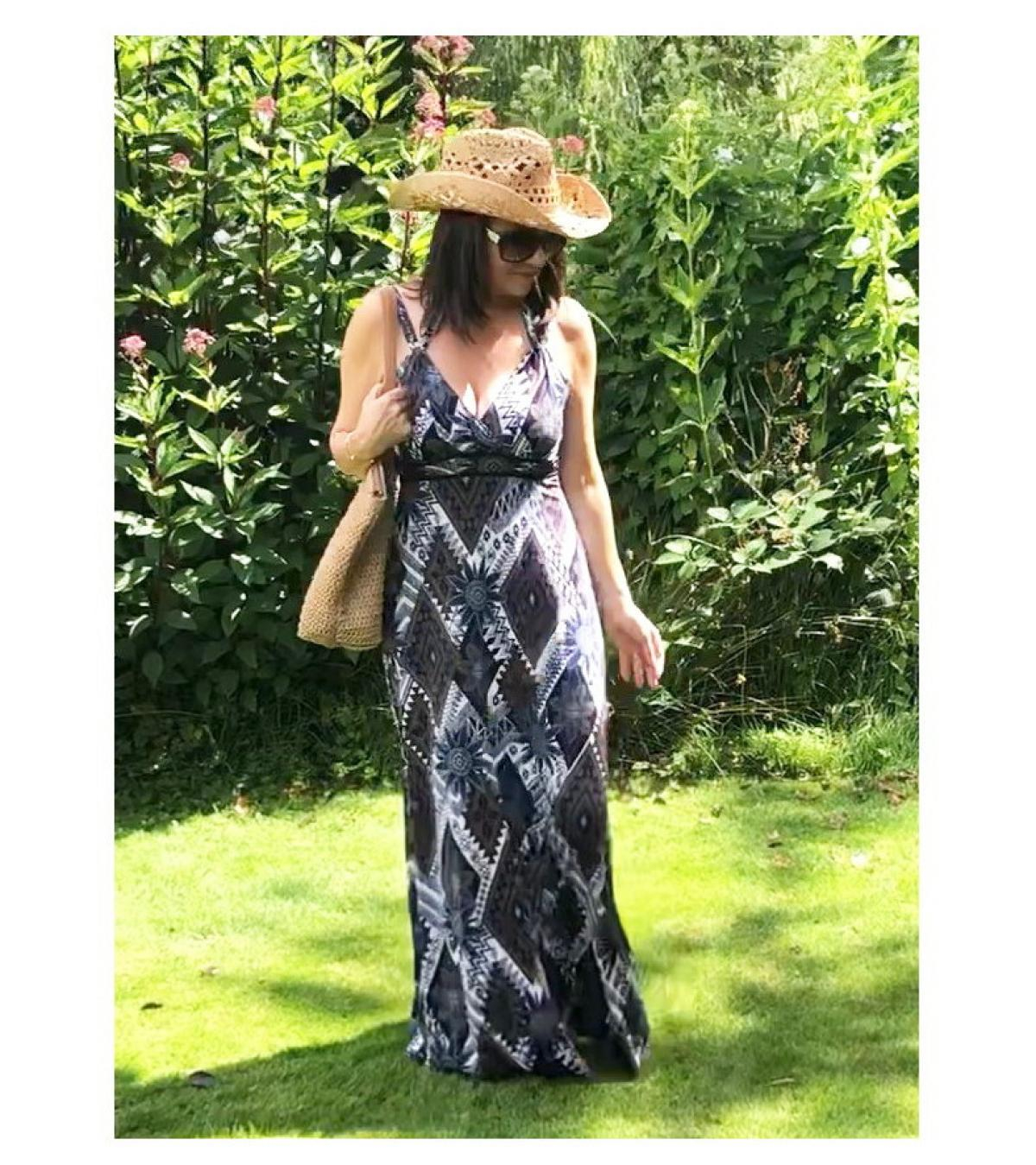 Navy Blue and Mocha Aztec Print Maxi Dress