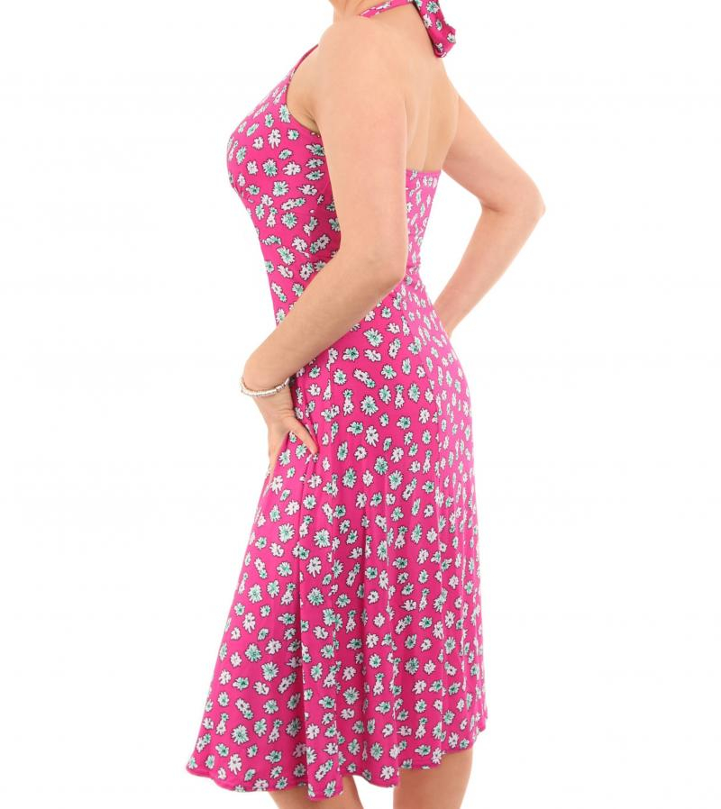 Pink Daisy Floral Print Halter Neck Dress