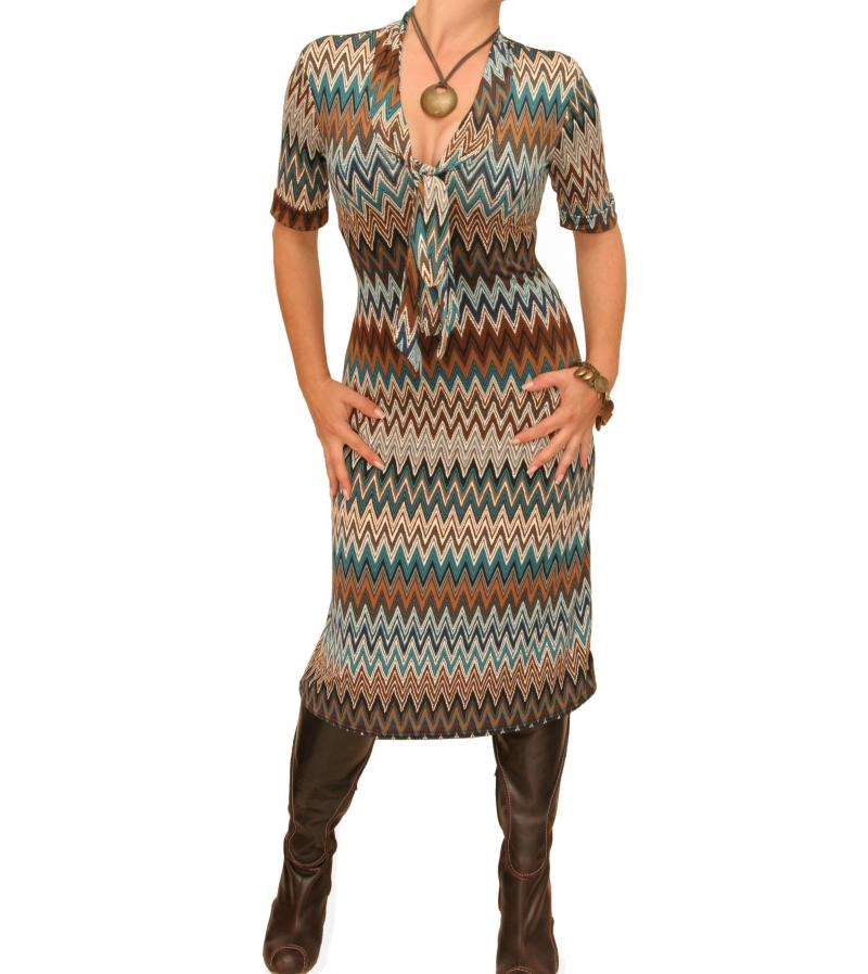 Teal Zig Zag Print Pussy Bow Dress