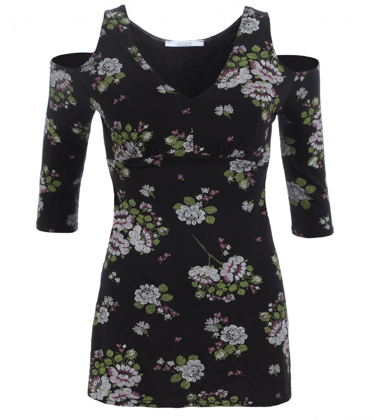 Black and Green Floral Cold Shoulder Top