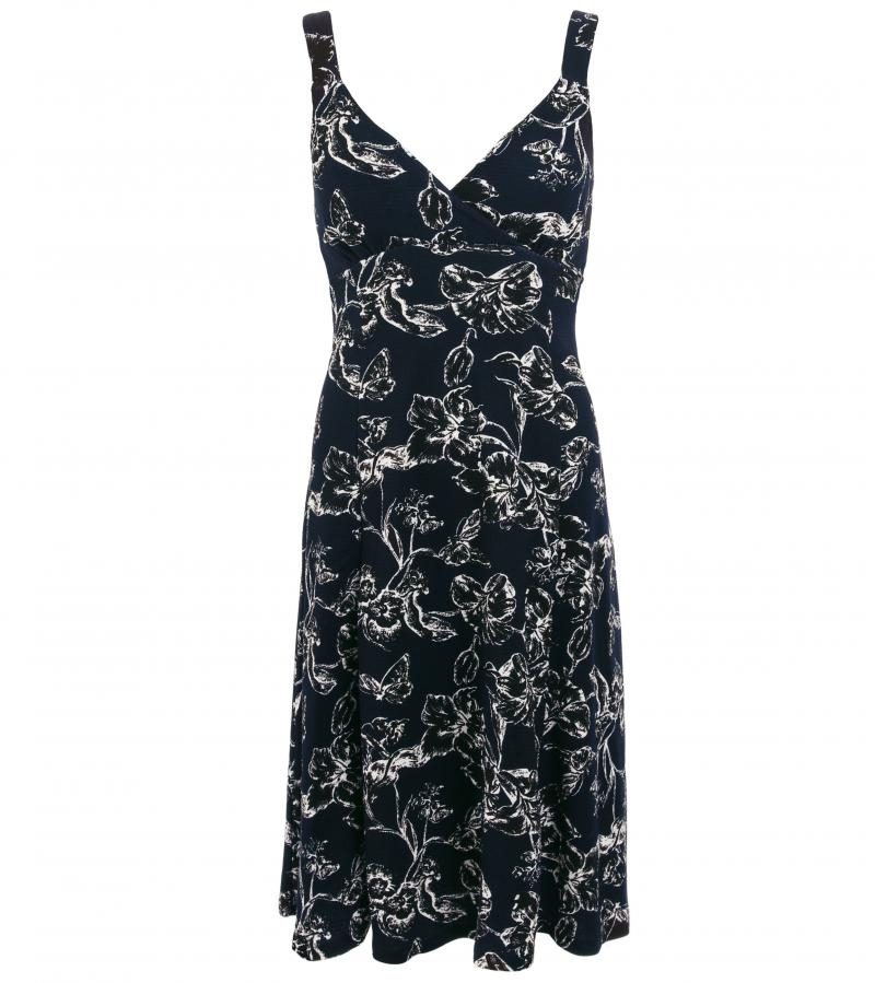 Navy Blue Floral Textured Strappy Dress