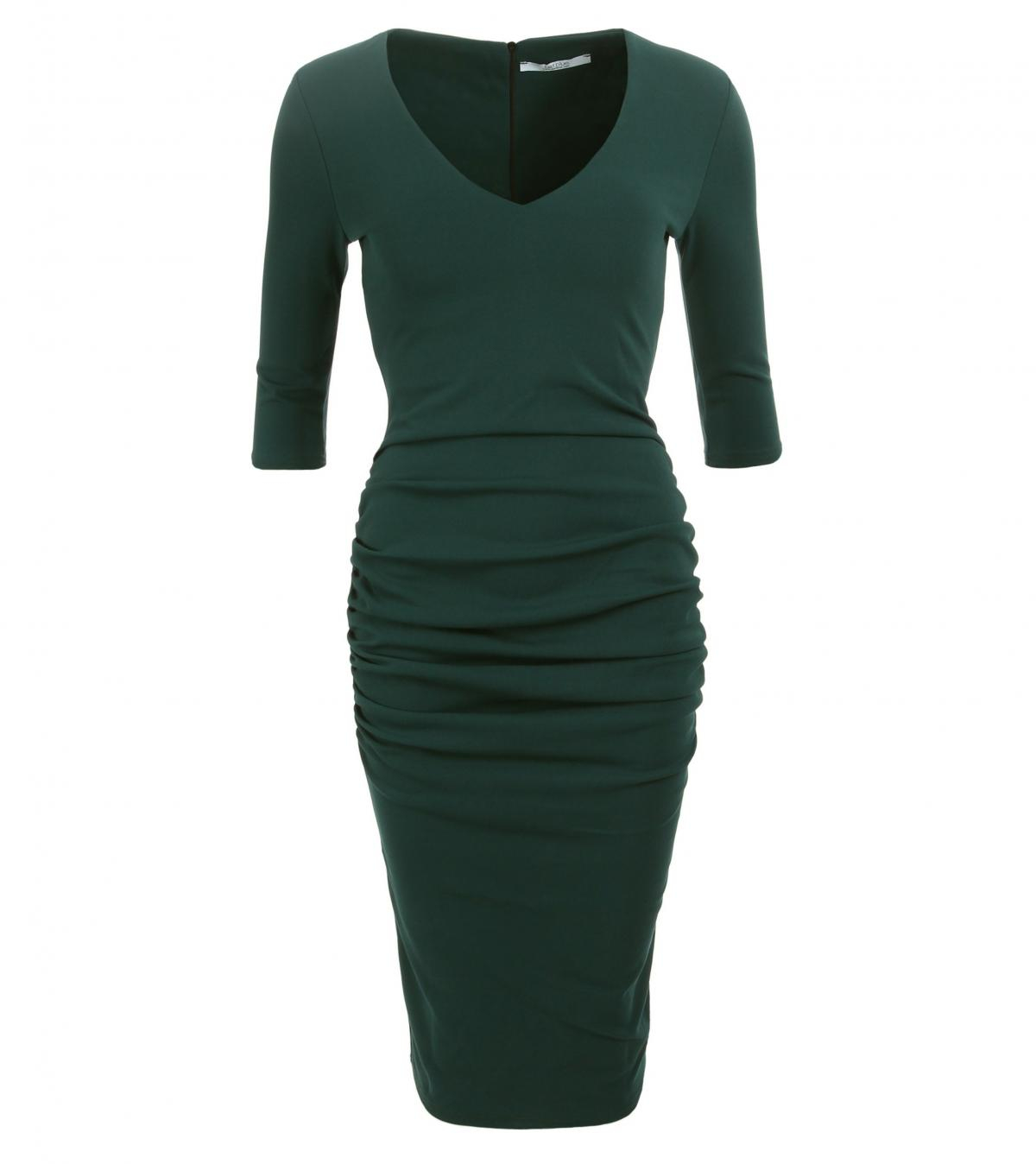 Forest Green V Neck Ruched Dress