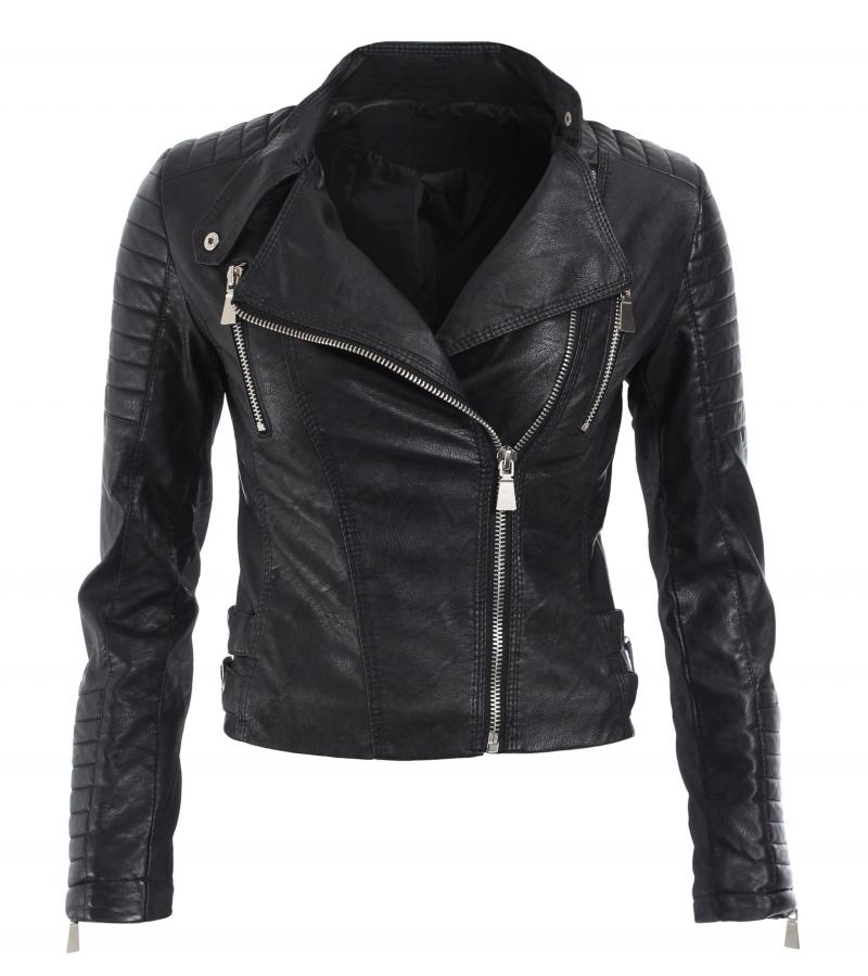 Black Leather Effect Biker Jacket