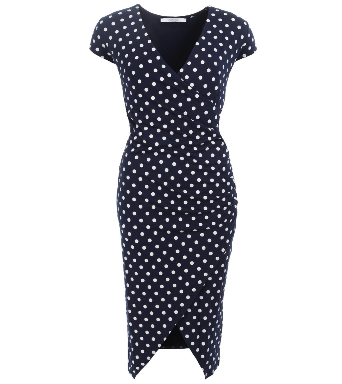 Navy Blue Spot Print Mock Wrap Dress