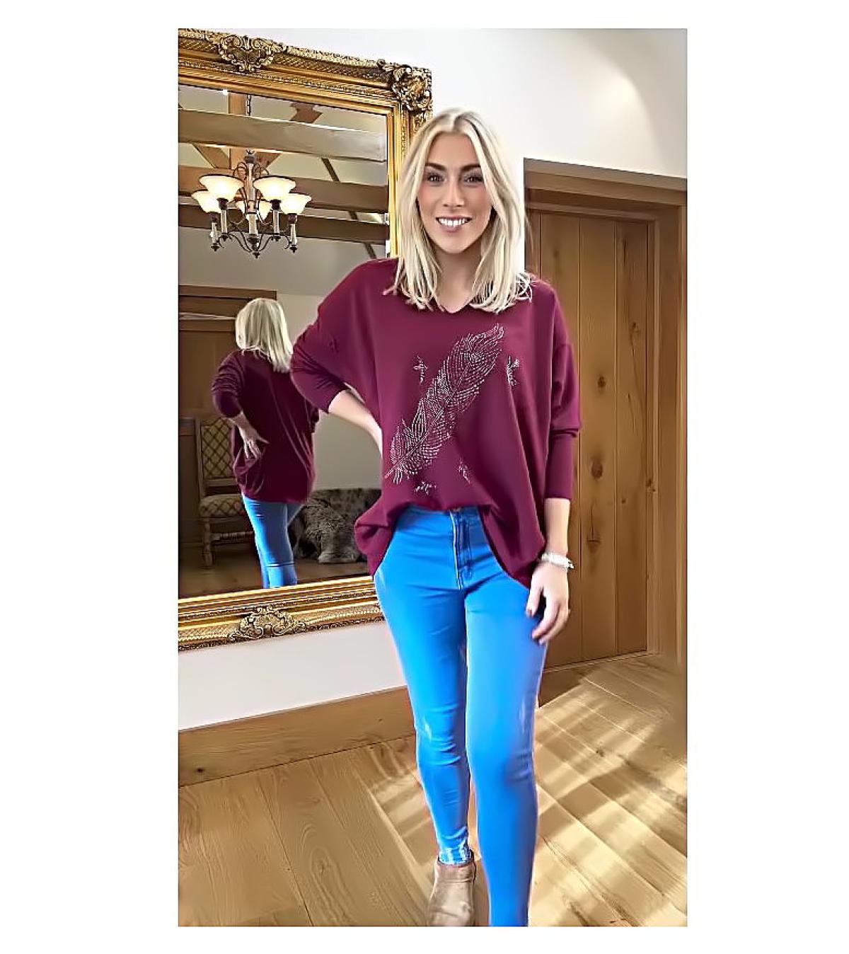 Burgundy Oversized V Neck Sparkly Slouch Jumper