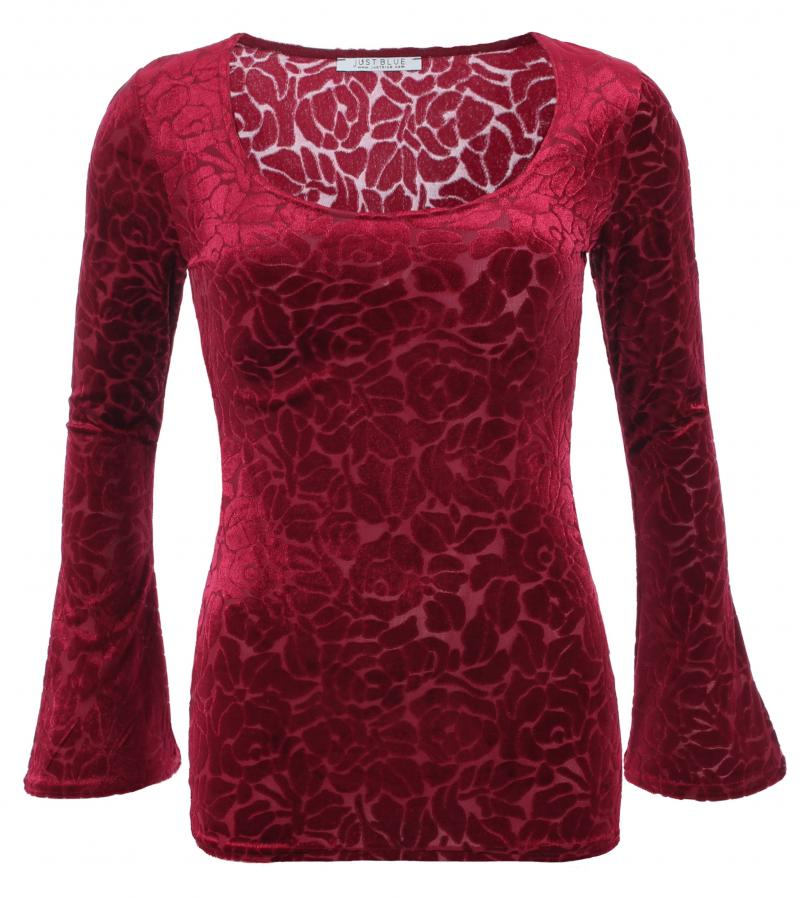 Dark Red Velour Burn Out Bell Sleeve Top