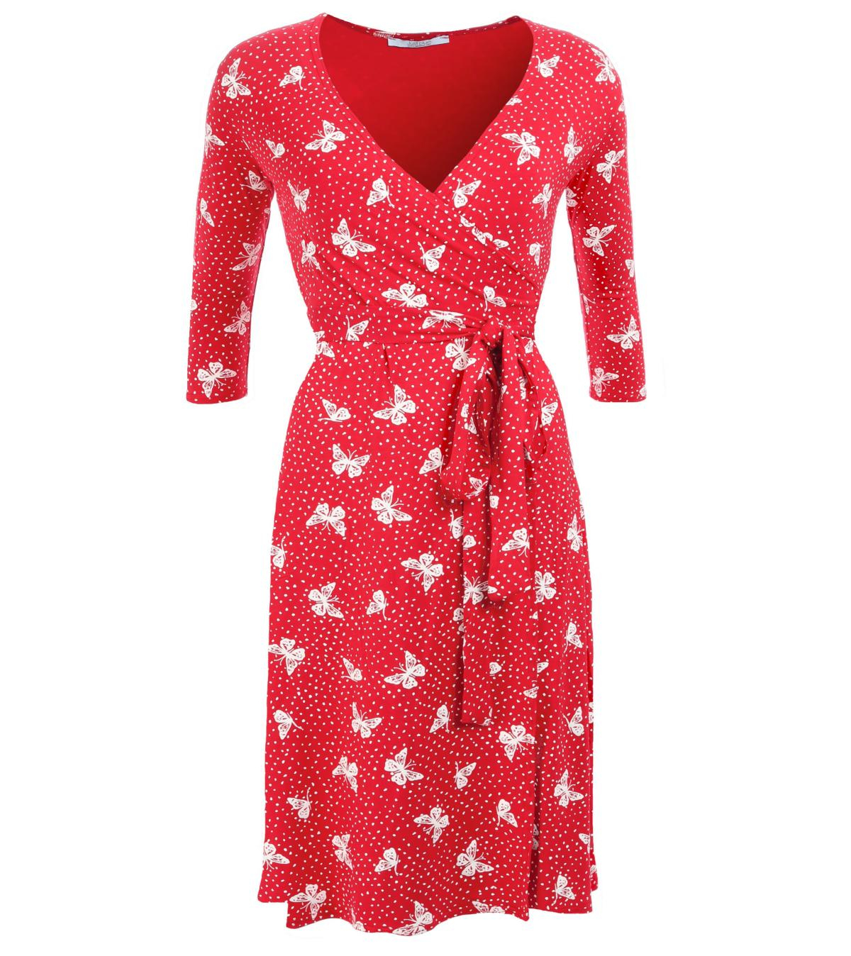 Red Butterfly Print Wrap Dress