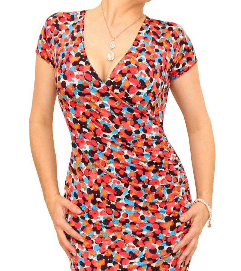 Red Spotty Print Ruched Mock Wrap Dress