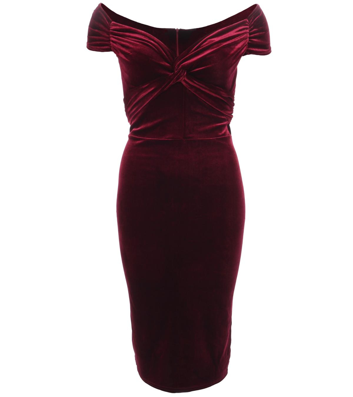Wine Velour Bardot Dress