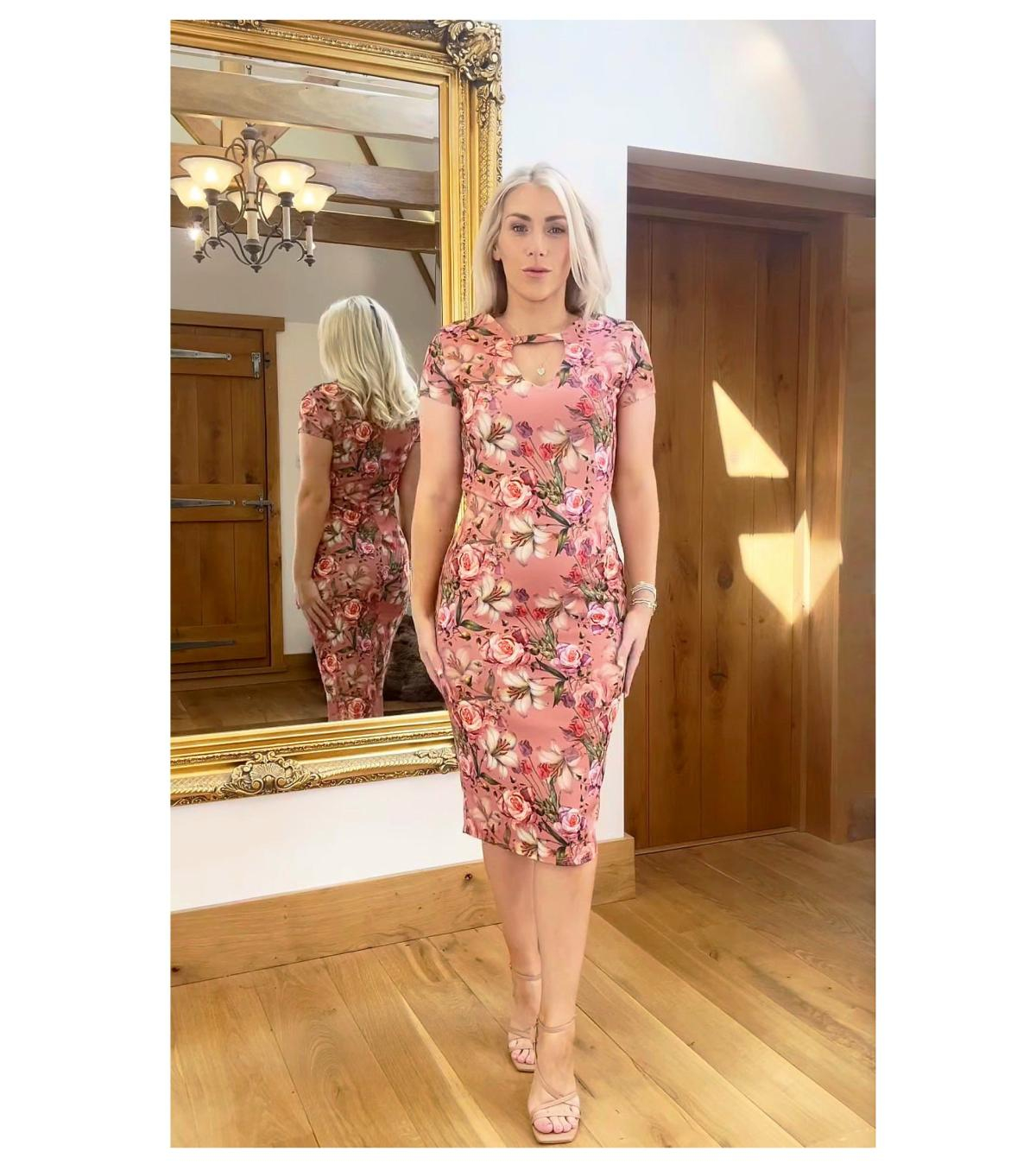 Pink Floral Print Midi Dress