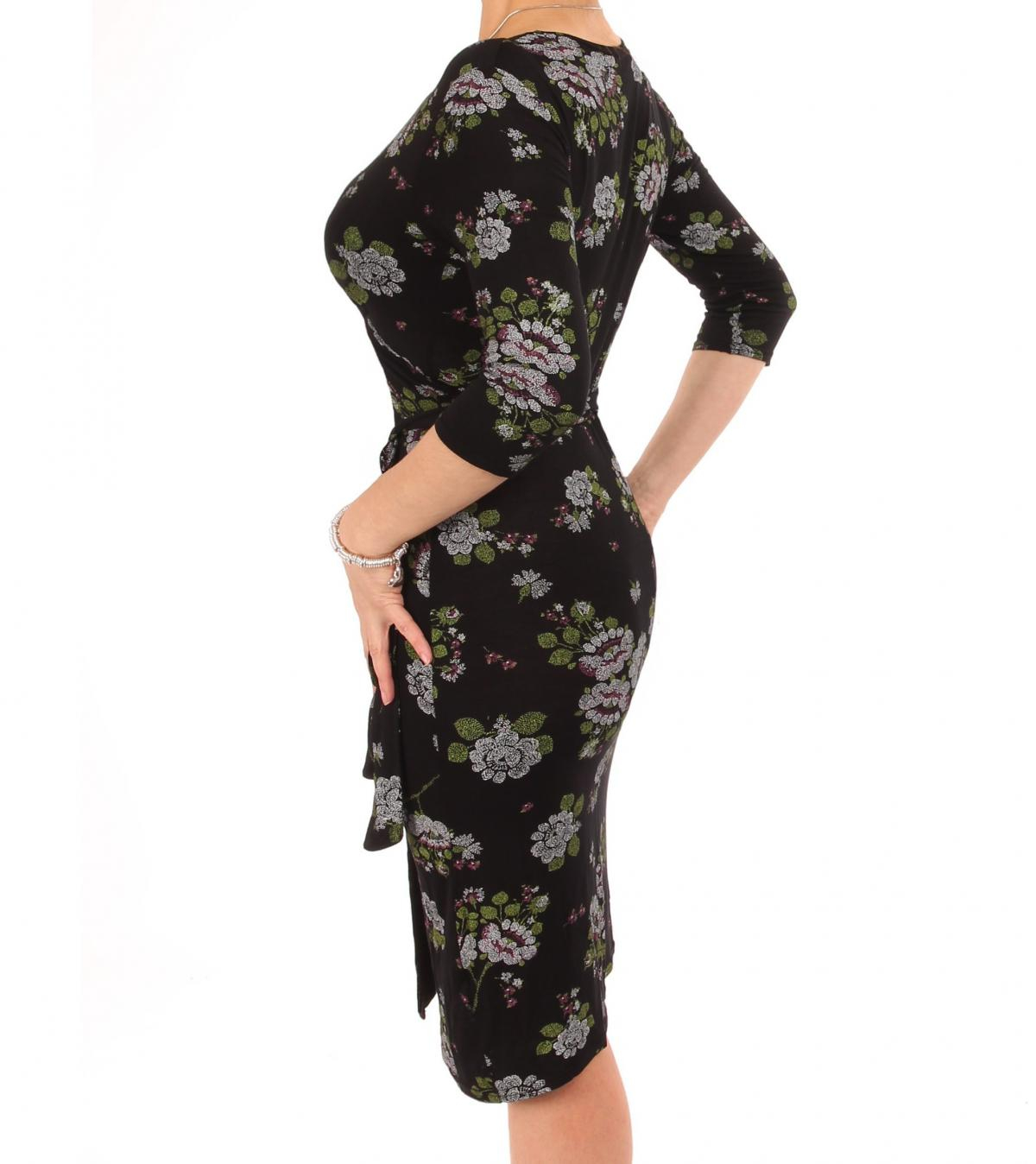 Black and Green Floral Print Wrap Dress