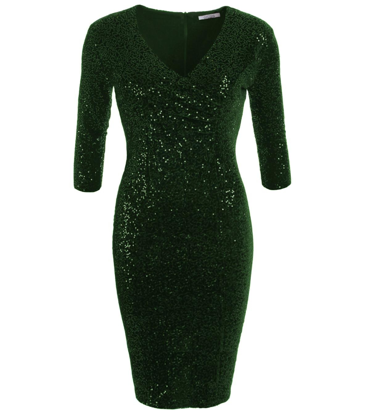 Bottle Green Velour Sequin Knee Length Dress