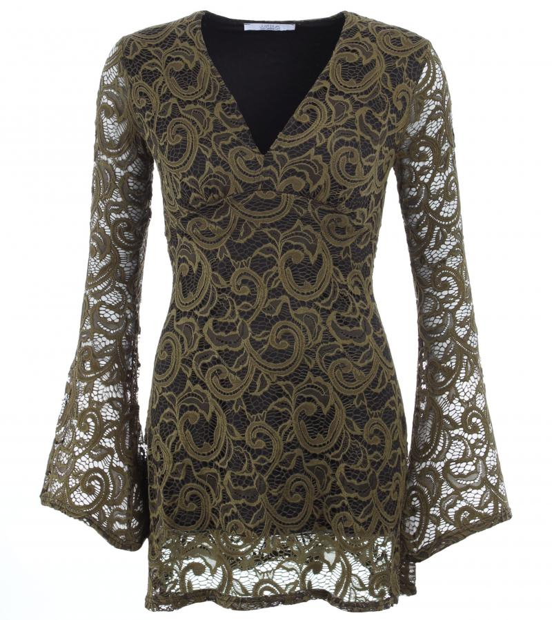 Khaki Crochet Lace Bell Sleeve Top