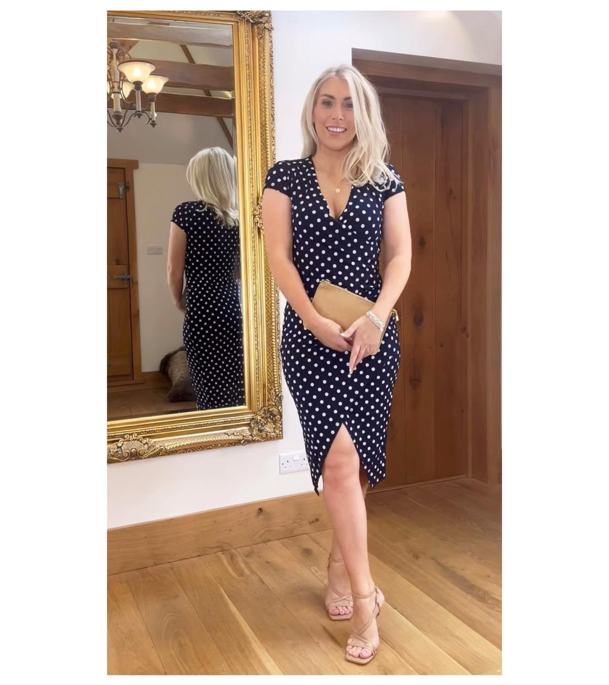 Navy Blue Spot Print Mock Wrap Dress