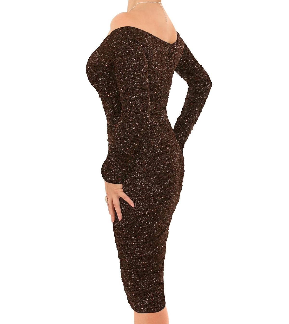 Bronze Sparkle Off the Shoulder Ruched Dress